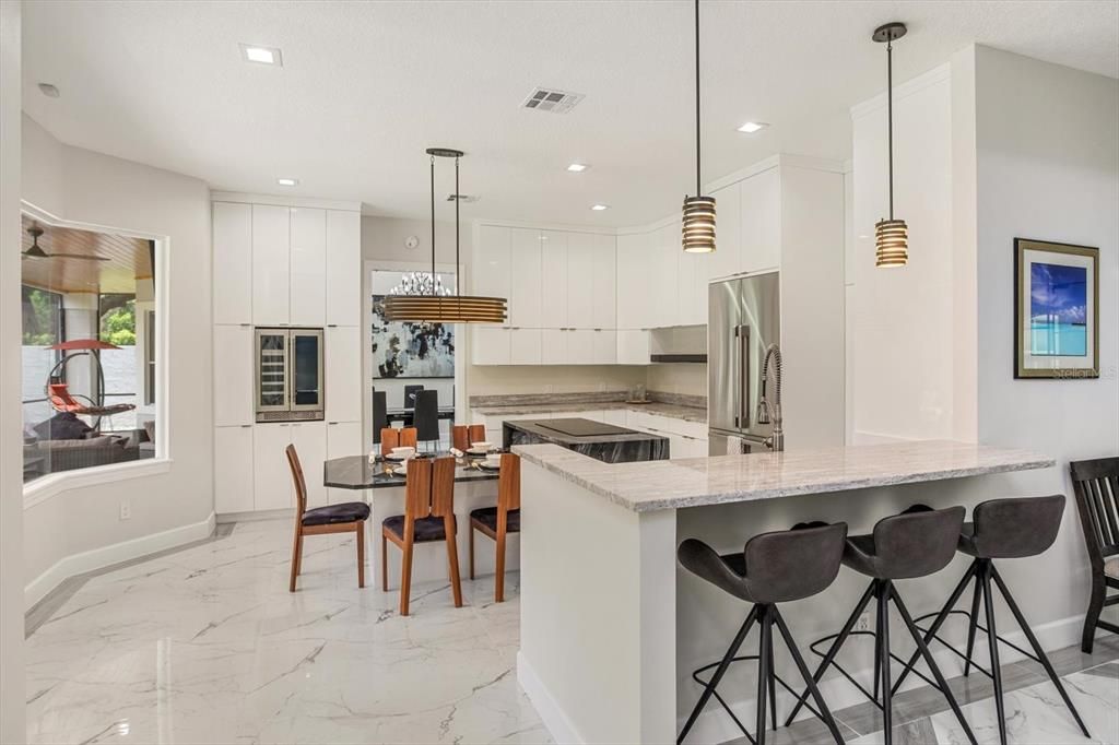 Dining room, Interior, Kitchen, Marble, Pendant Lights, Recessed Lighting, Stainless Steel Appliances