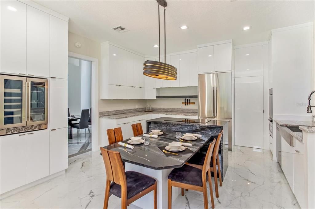 Dining room, Interior, Kitchen, Marble, Pendant Lights, Recessed Lighting, Stainless Steel Appliances