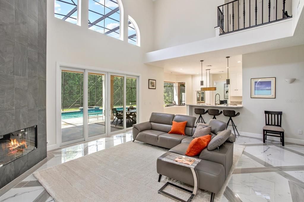 Fireplace, Interior, Kitchen, Living room, Marble, Pendant Lights, Recessed Lighting