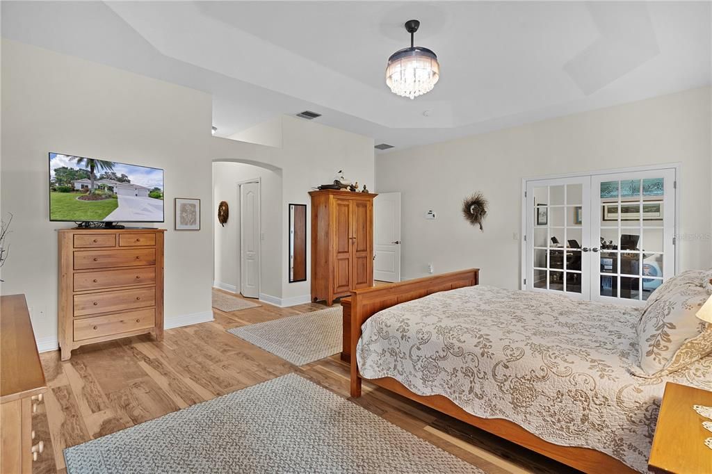 Bedroom, Chandelier, Interior, Wood Texture Flooring