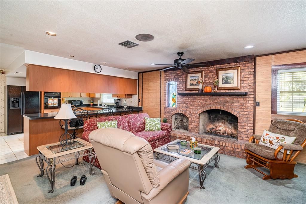Fireplace, Interior, Kitchen, Living room, Recessed Lighting, Stone Walls