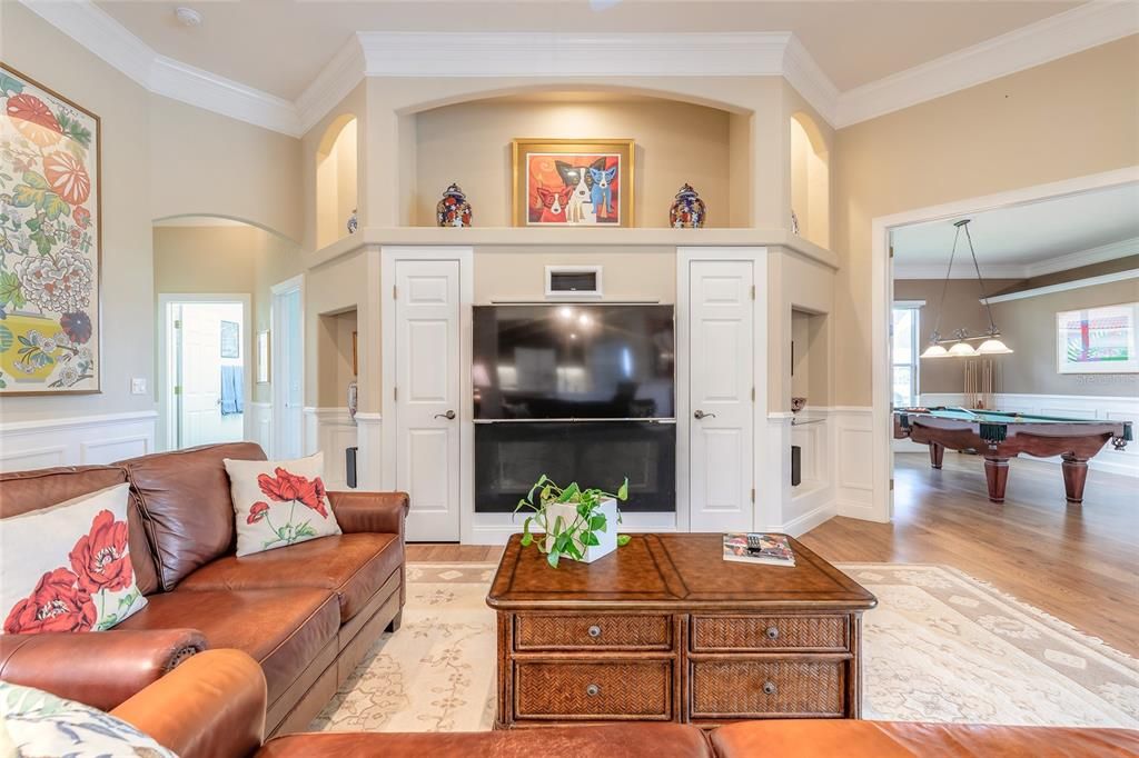 Billiard Table, Game Room, Interior, Living room, Pendant Lights, Wood Texture Flooring