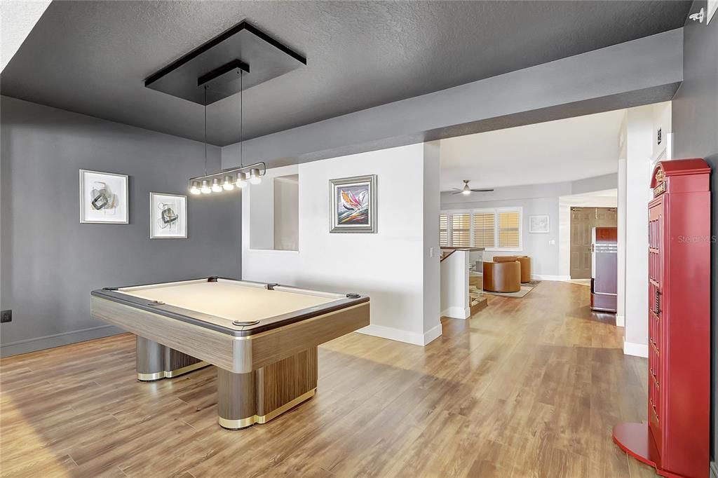 Billiard Table, Game Room, Interior, Pendant Lights, Wood Texture Flooring