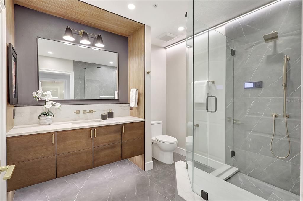 Bathroom, Dual Sink Vanities, Glass Shower, Interior, Recessed Lighting