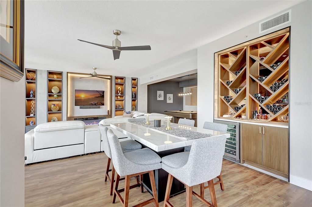 Dining room, Game Room, Interior, Living room, Pendant Lights, Wood Texture Flooring