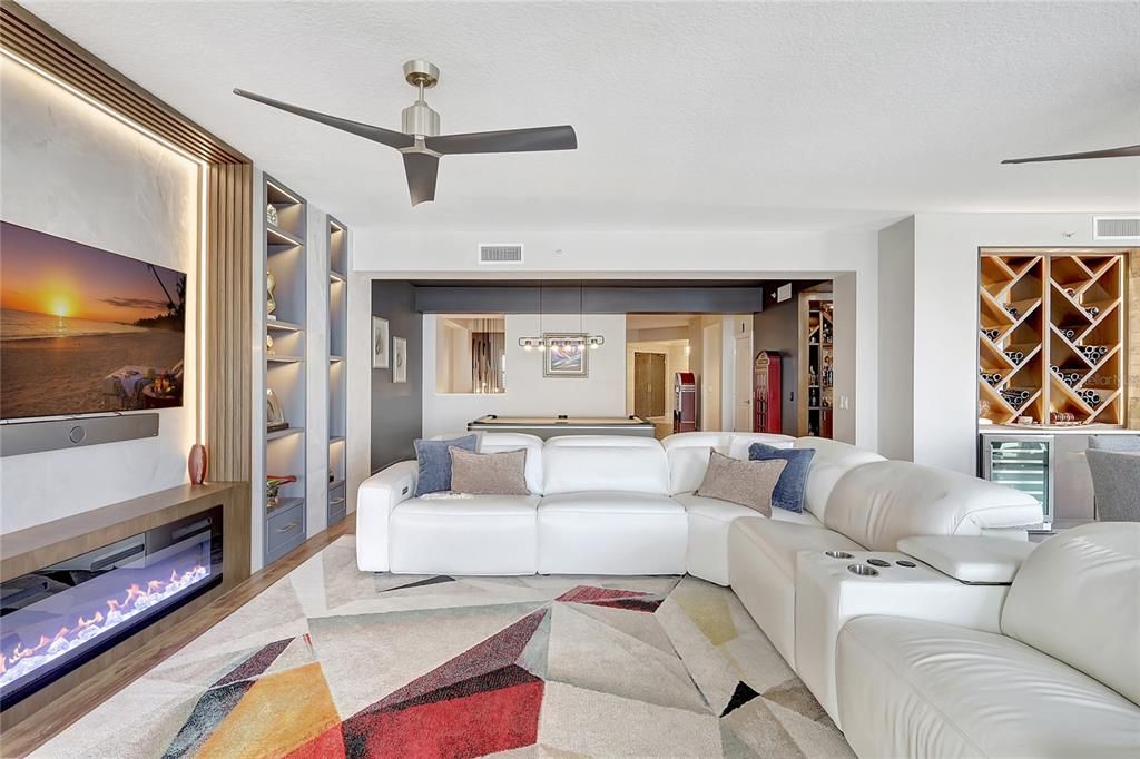 Billiard Table, Fireplace, Game Room, Interior, Living room, Pendant Lights