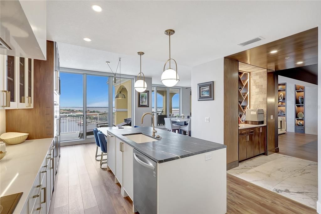 Dining room, Interior, Kitchen, Pendant Lights, Recessed Lighting, Water, Wood Texture Flooring