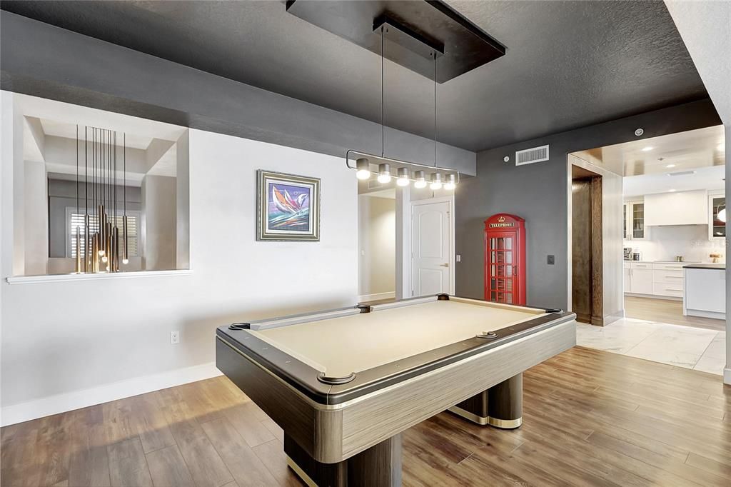 Billiard Table, Game Room, Interior, Pendant Lights, Recessed Lighting, Wood Texture Flooring