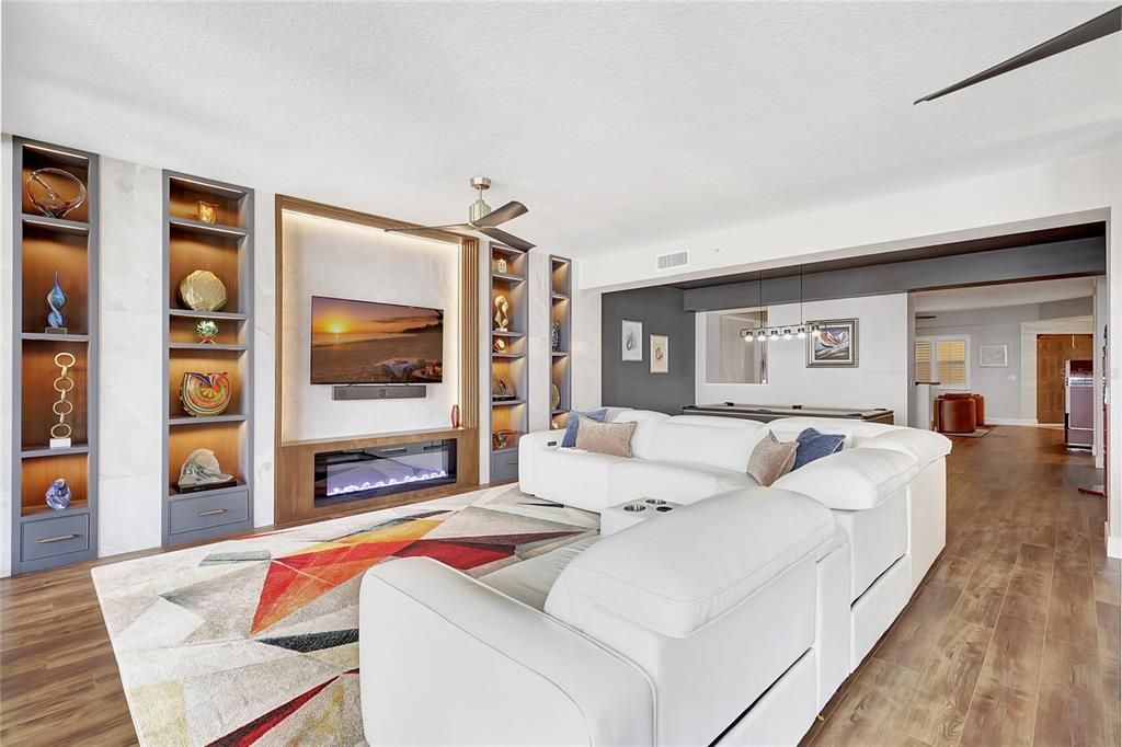 Fireplace, Interior, Living room, Pendant Lights, Wood Texture Flooring