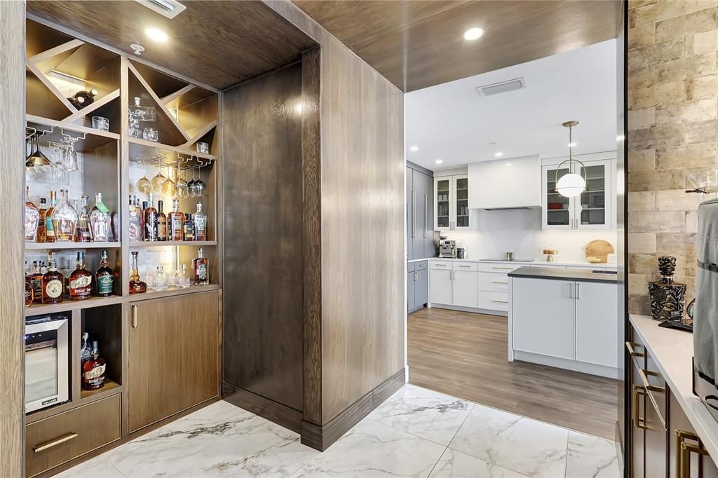 Interior, Kitchen, Marble, Pendant Lights, Recessed Lighting, Stone Walls, Wood Texture Flooring