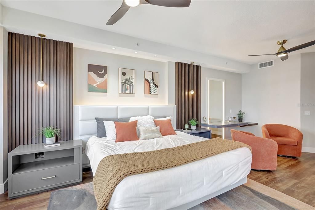 Bedroom, Interior, Recessed Lighting, Wood Texture Flooring