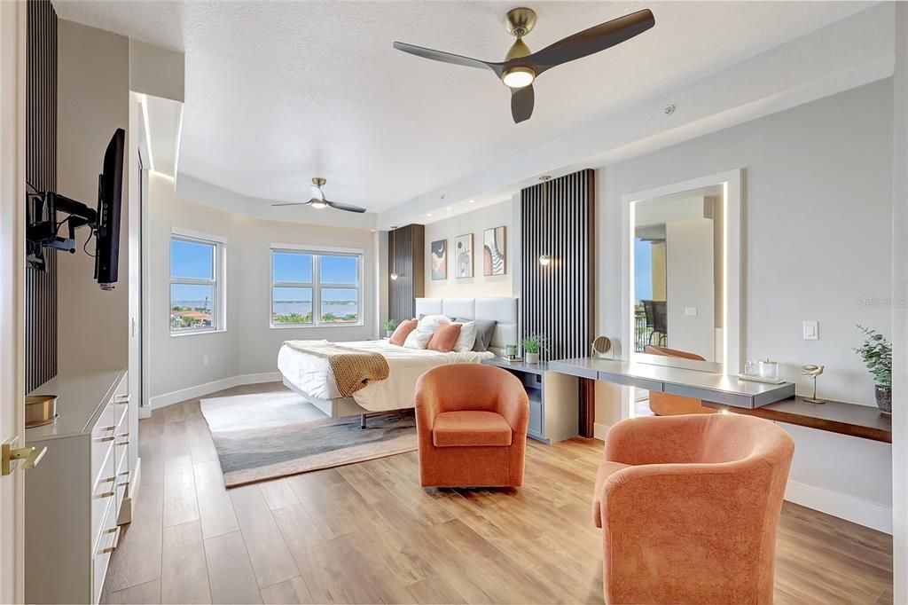 Bedroom, Interior, Recessed Lighting, Wood Texture Flooring