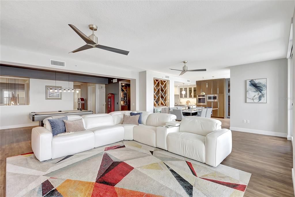 Dining room, Interior, Kitchen, Living room, Pendant Lights, Wood Texture Flooring