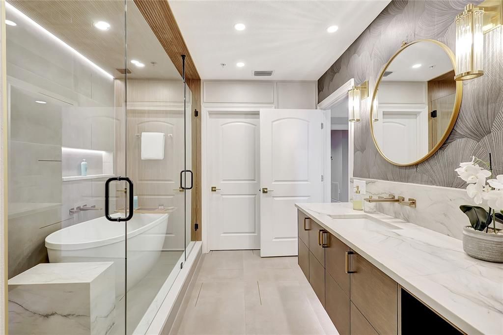 Bathroom, Dual Sink Vanities, Glass Shower, Interior, Recessed Lighting