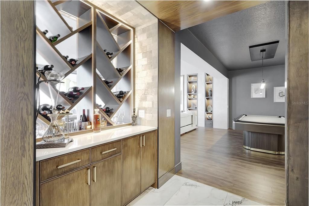 Interior, Marble, Pendant Lights, Wine Storage, Wood Texture Flooring