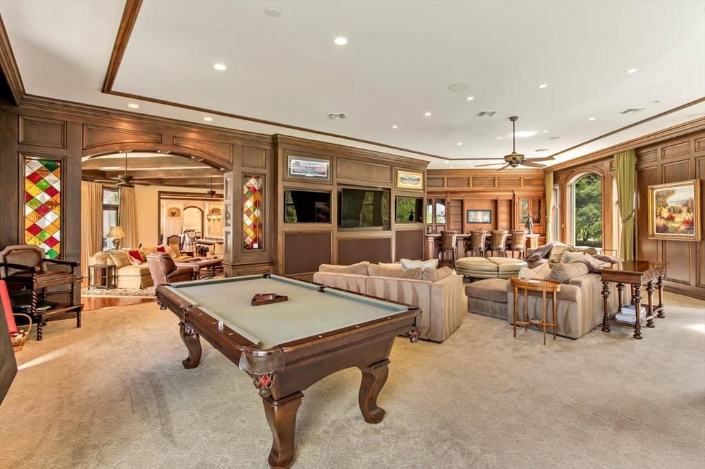 Billiard Table, Game Room, Interior, Living room, Recessed Lighting, Wooden Walls