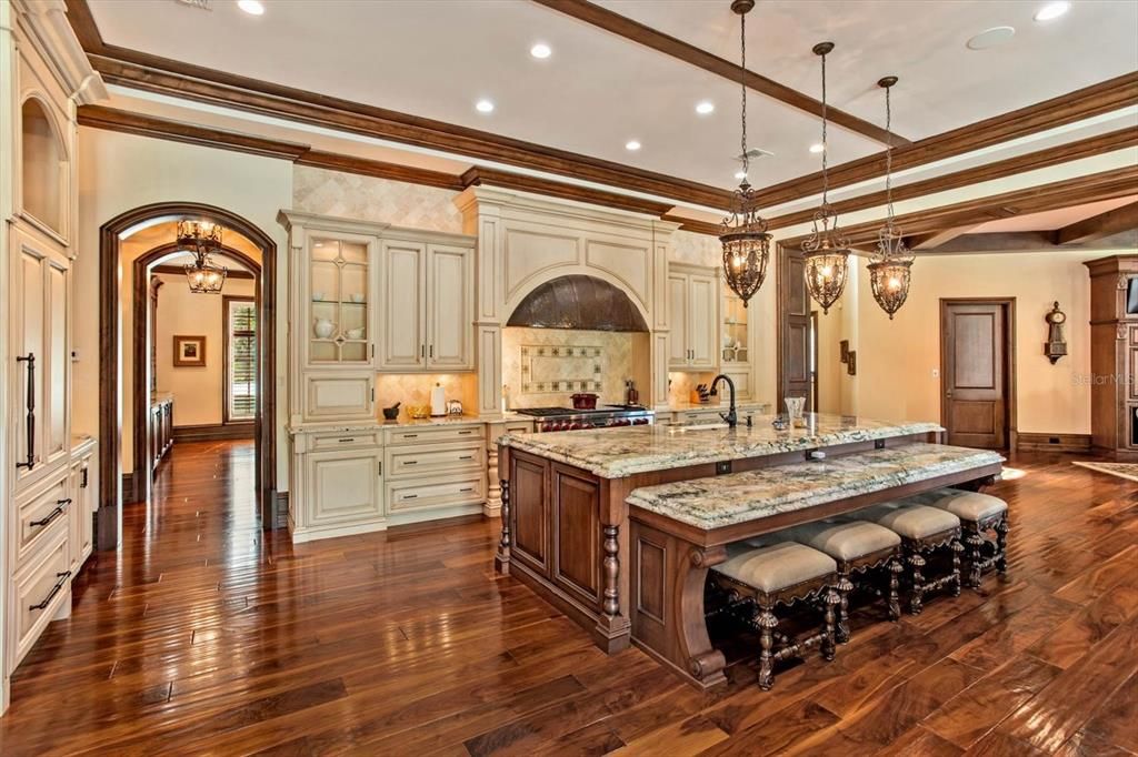 Chandelier, Interior, Kitchen, Pendant Lights, Recessed Lighting, Wooden Beams, Wood Texture Flooring