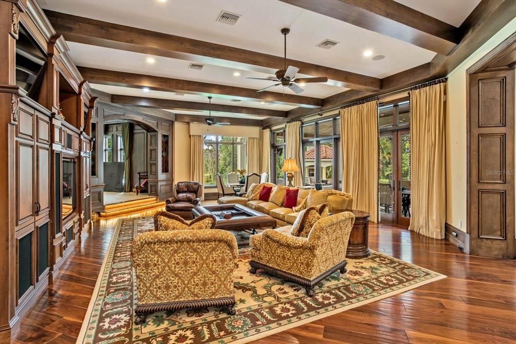 Interior, Living room, Recessed Lighting, Wooden Beams, Wood Texture Flooring