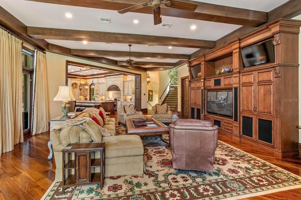 Interior, Kitchen, Living room, Recessed Lighting, Wooden Beams, Wood Texture Flooring