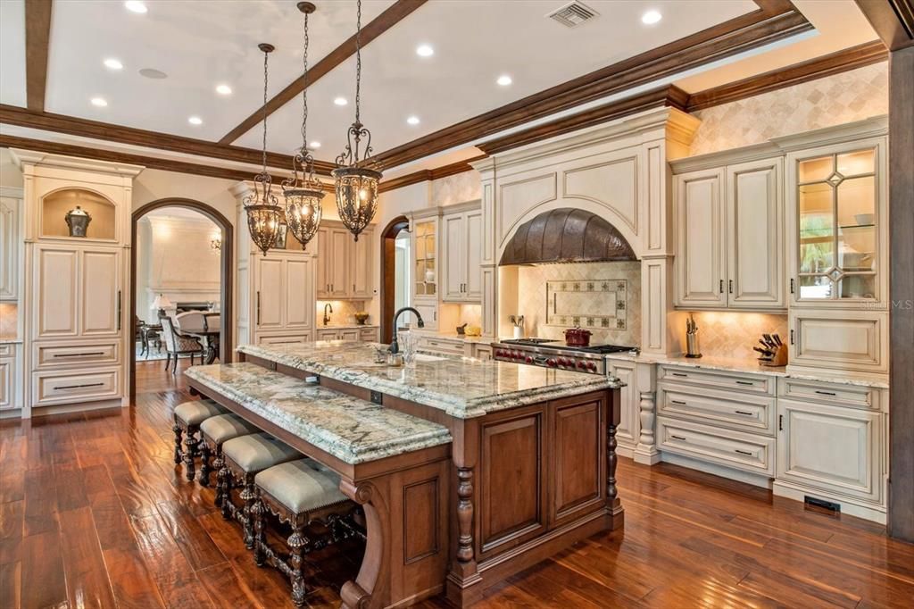 Chandelier, Interior, Kitchen, Pendant Lights, Recessed Lighting, Stainless Steel Appliances, Wood Texture Flooring