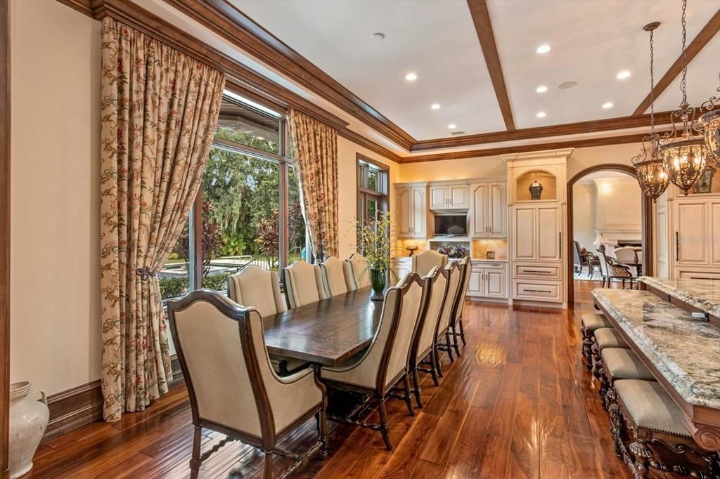 Chandelier, Dining room, Interior, Kitchen, Recessed Lighting, Wooden Beams, Wood Texture Flooring