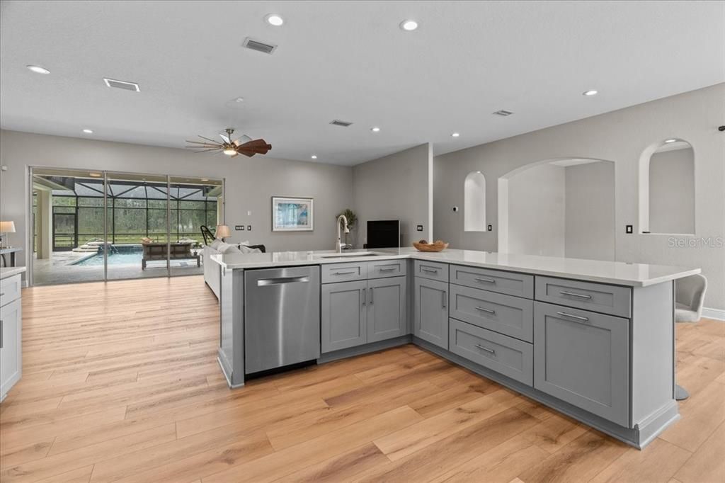 Interior, Kitchen, Recessed Lighting, Wood Texture Flooring