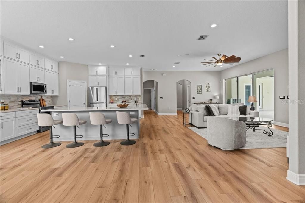 Interior, Kitchen, Living room, Recessed Lighting, Stainless Steel Appliances, Wood Texture Flooring