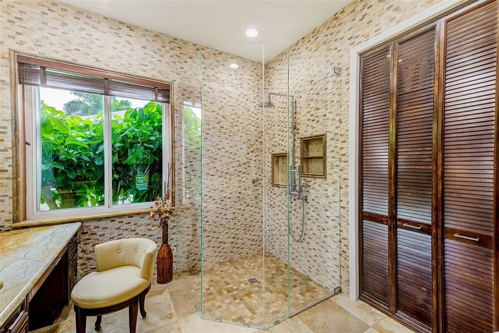 Bathroom, Glass Shower, Interior, Recessed Lighting, Stone Walls
