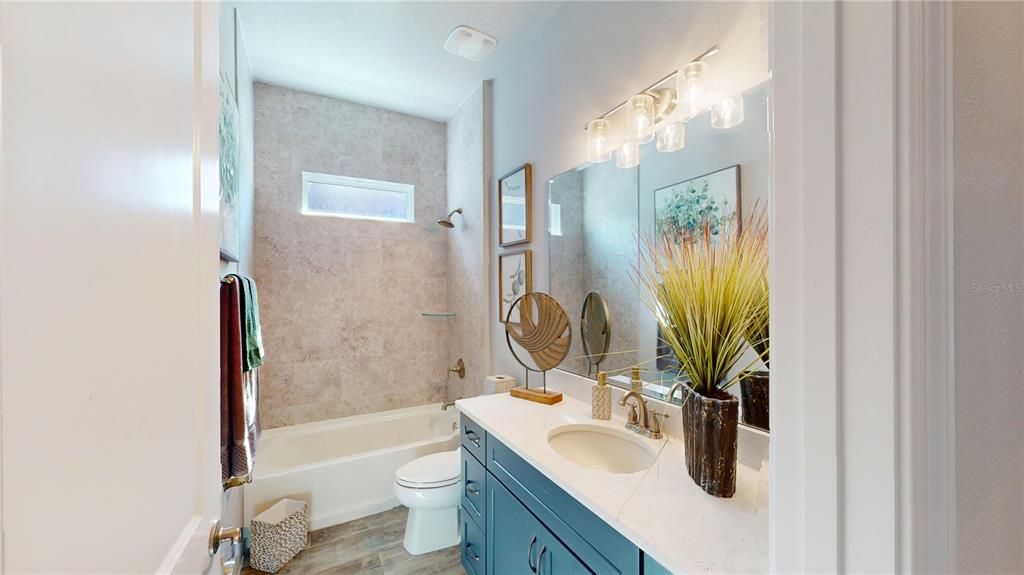 Bathroom, Dual Sink Vanities, Interior, Tile Countertops, Wood Texture Flooring