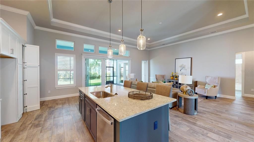 Interior, Kitchen, Living room, Pendant Lights, Recessed Lighting, Wood Texture Flooring