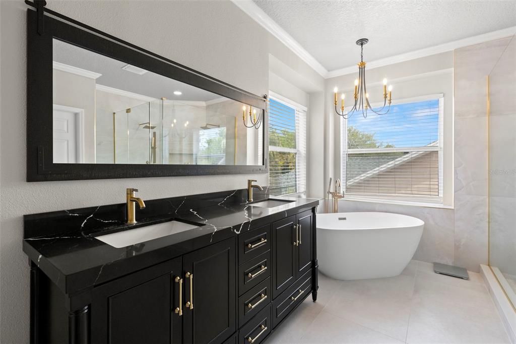 Bathroom, Chandelier, Dual Sink Vanities, Free Standing Baths, Interior, Pendant Lights, Recessed Lighting