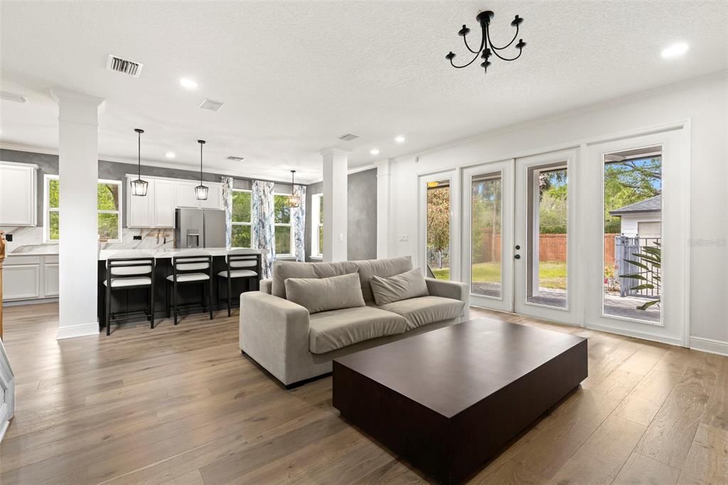 Interior, Kitchen, Living room, Pendant Lights, Recessed Lighting, Wood Texture Flooring