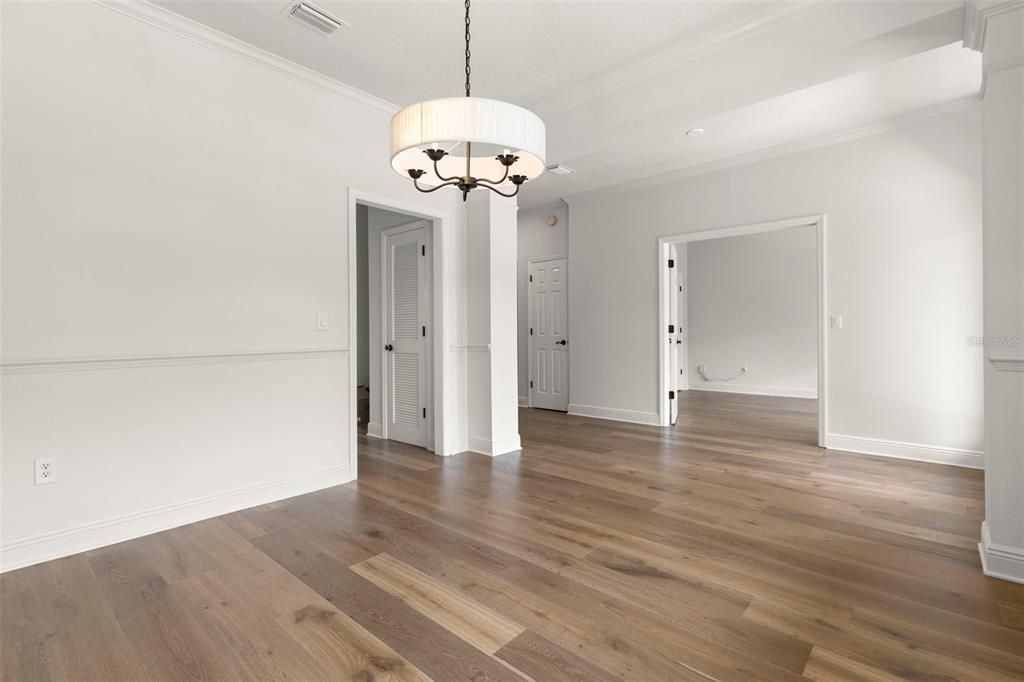 Chandelier, Empty room, Interior, Recessed Lighting, Wood Texture Flooring