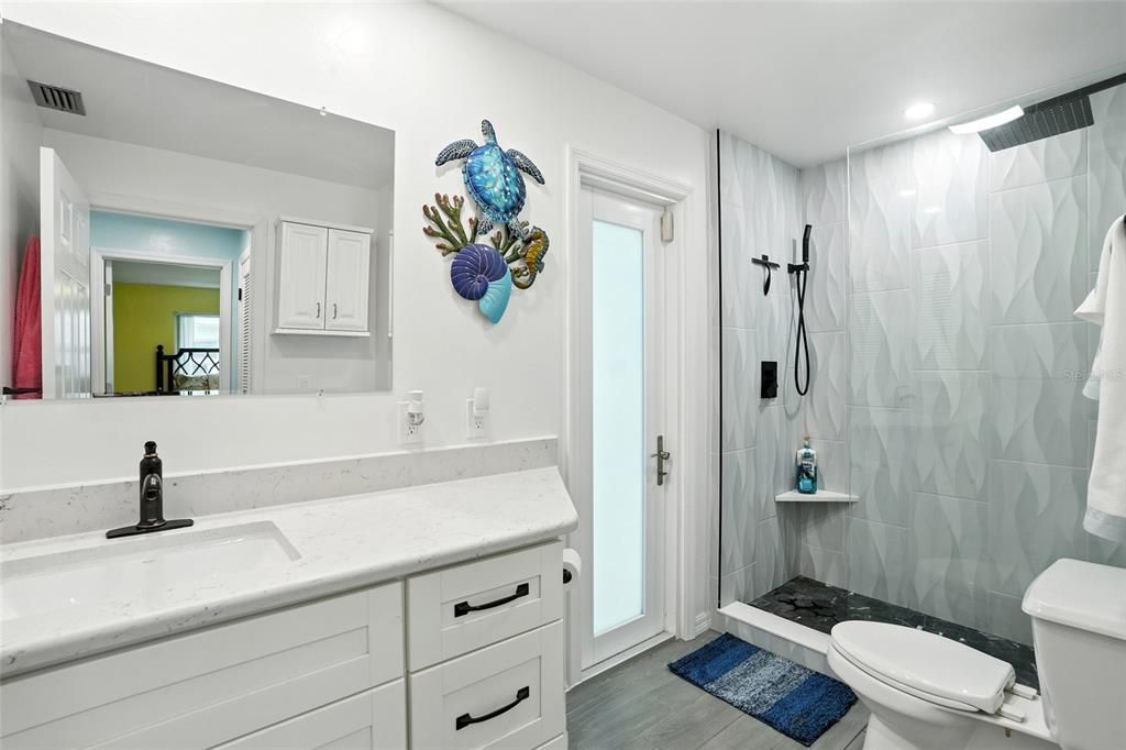 Bathroom, Interior, Marble Walls, Recessed Lighting, Wood Texture Flooring