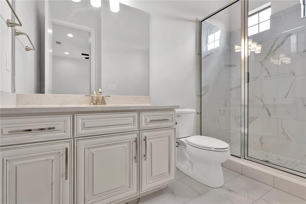 Bathroom, Glass Shower, Interior, Marble Walls, Recessed Lighting