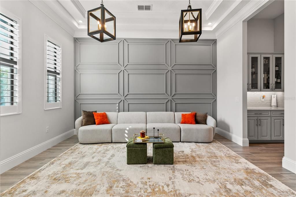 Interior, Living room, Pendant Lights, Recessed Lighting, Wood Texture Flooring