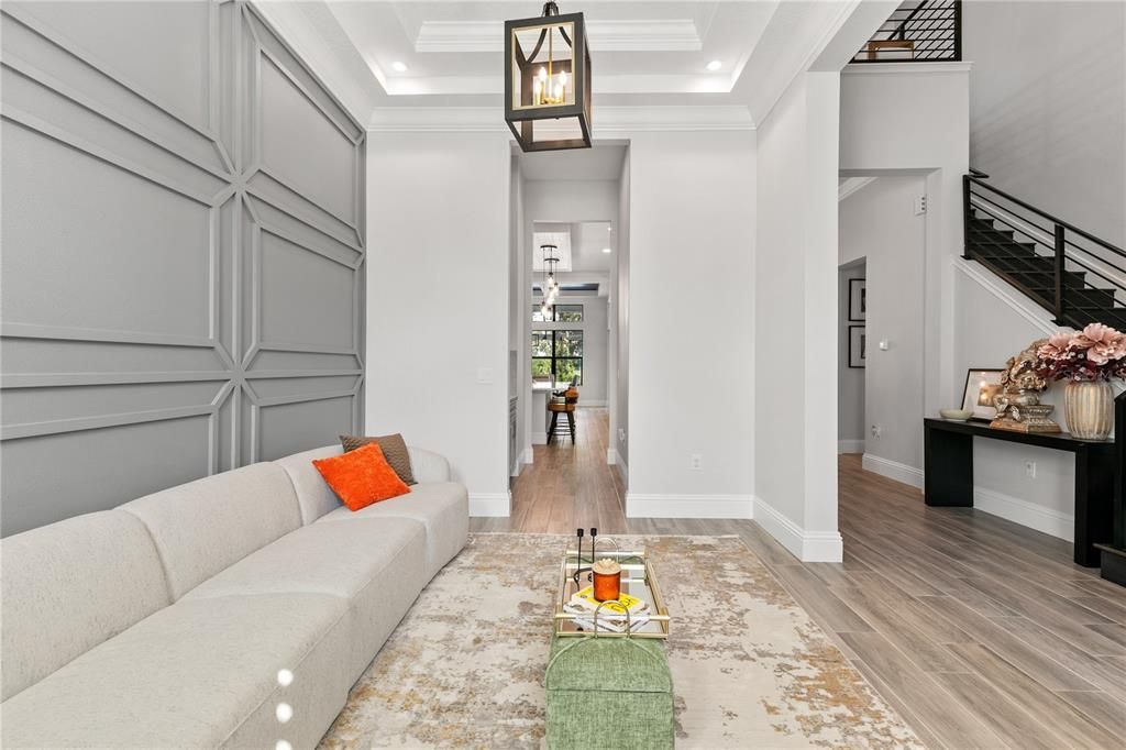Interior, Living room, Recessed Lighting, Wood Texture Flooring