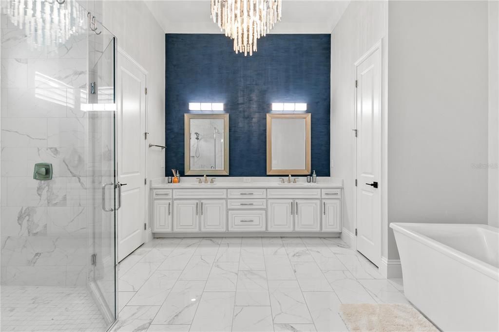 Bathroom, Chandelier, Dual Sink Vanities, Glass Shower, Interior, Marble, Marble Walls