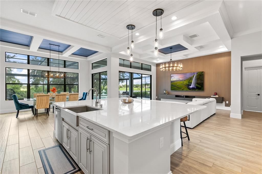 Chandelier, Dining room, Interior, Kitchen, Living room, Pendant Lights, Recessed Lighting, Wood Texture Flooring