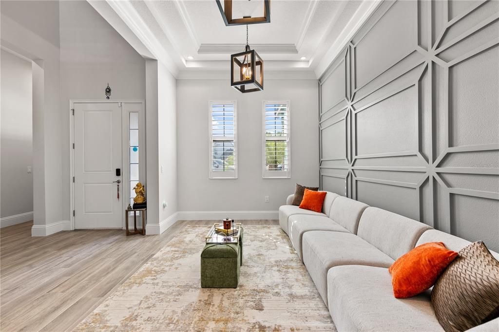 Interior, Living room, Pendant Lights, Recessed Lighting, Wood Texture Flooring