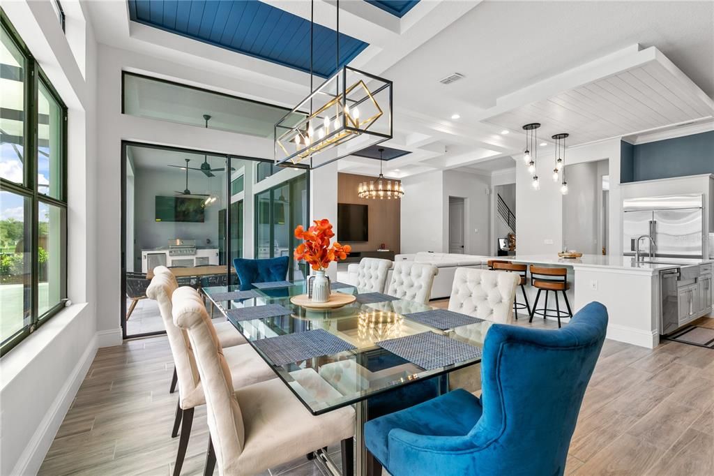 Chandelier, Dining room, Interior, Kitchen, Living room, Pendant Lights, Recessed Lighting, Wood Texture Flooring