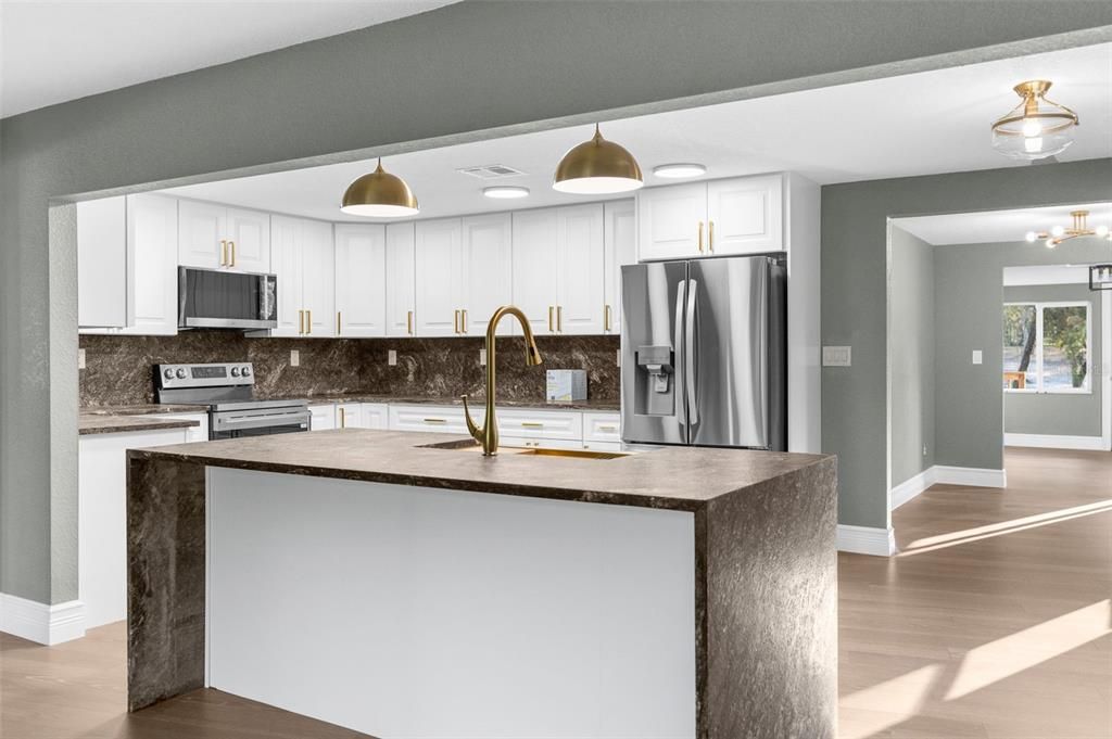 Interior, Kitchen, Pendant Lights, Stainless Steel Appliances, Wood Texture Flooring