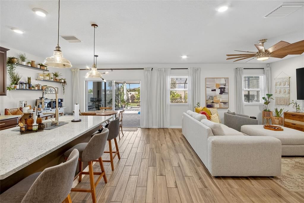 Dining room, Interior, Living room, Pendant Lights, Recessed Lighting, Wood Texture Flooring