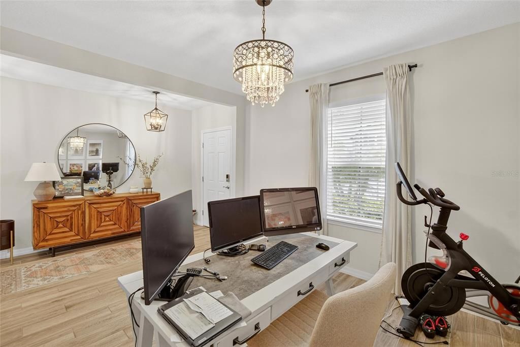 Chandelier, Fitness Equipment, Home Office, Interior, Wood Texture Flooring