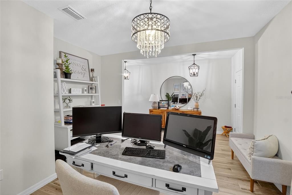 Chandelier, Home Office, Interior, Wood Texture Flooring