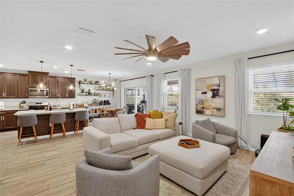 Dining room, Interior, Kitchen, Living room, Pendant Lights, Recessed Lighting, Wood Texture Flooring