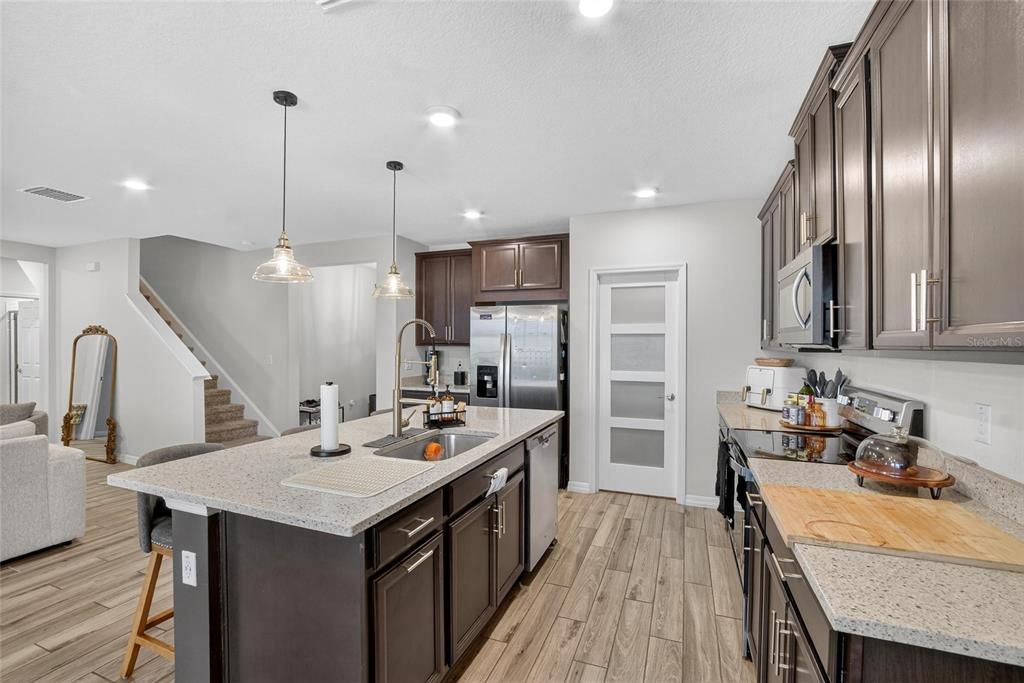 Interior, Kitchen, Pendant Lights, Recessed Lighting, Stainless Steel Appliances, Wood Texture Flooring