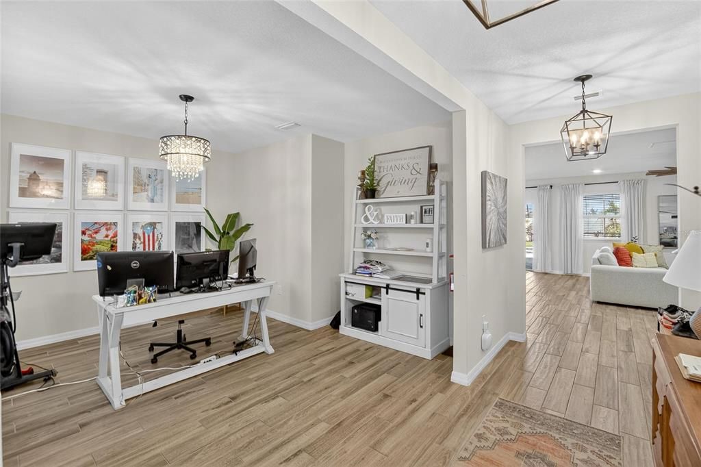 Chandelier, Home Office, Interior, Pendant Lights, Wood Texture Flooring