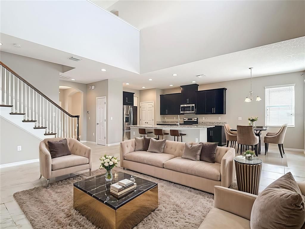 Dining room, Interior, Kitchen, Living room, Marble, Pendant Lights, Recessed Lighting, Stainless Steel Appliances