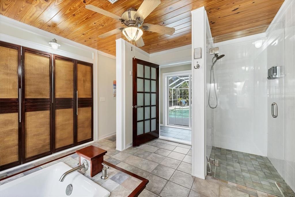 Bathroom, Glass Shower, Interior, Wooden Ceilings